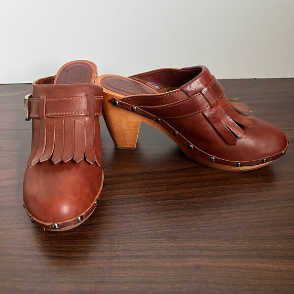 MADEWELL 1937 Footwear Mule Clogs Brown Leather Kiltie Wood Heel Slip On Size 7 - Picture 1 of 7
